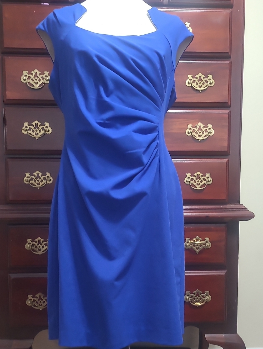Calvin Klein Royal Blue Cap-Sleeve Draped Sheath Dress